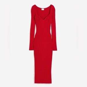 Red rib-knit midi length body-con dress. New with tags.